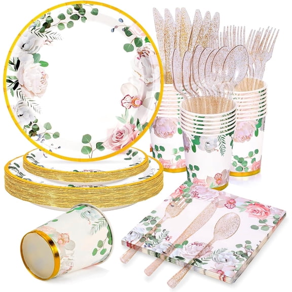168 PCS Floral Plates and Napkins Party Supplies Serve 24 Flower Disposable Paper Dinnerware Sets for Adults Bridal Shower Decorations Baby Shower Birthday Wedding Engagement Tea