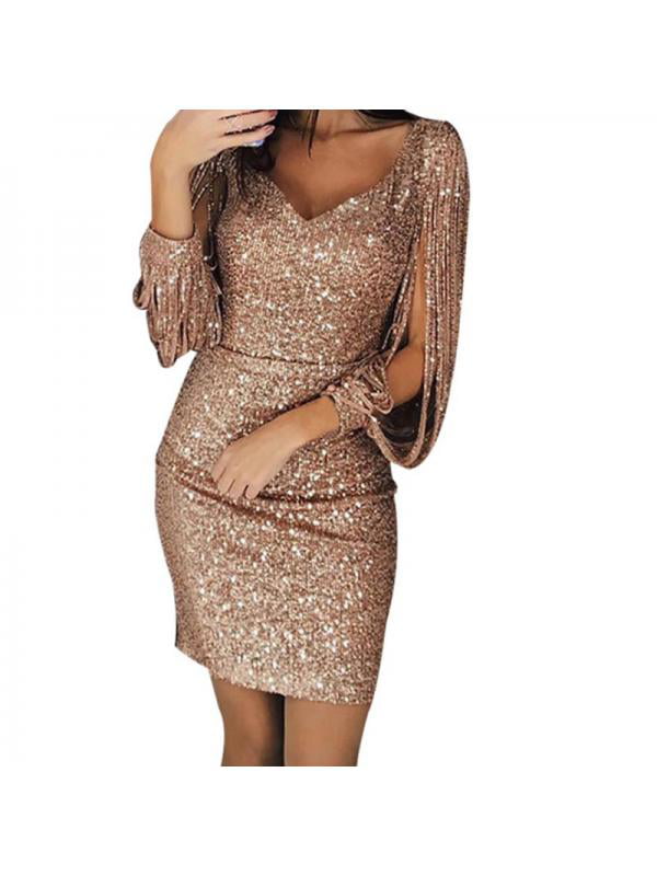 Womens Long Sleeve Sequin Bodycon Mini Dress Evening Party Bodycon Jumpsuit