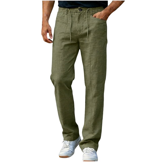 Nuoqisi Men's Casual Solid Color Linen Drawstring Button Long Pants - Breathable Trousers for Relaxed Summer Wear