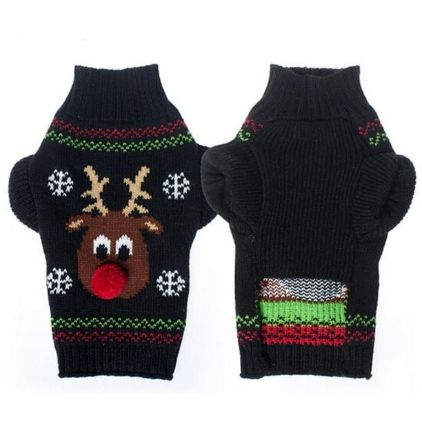 Suéter cálido de cuello alto para perro con estampado de reno de nariz roja navideño