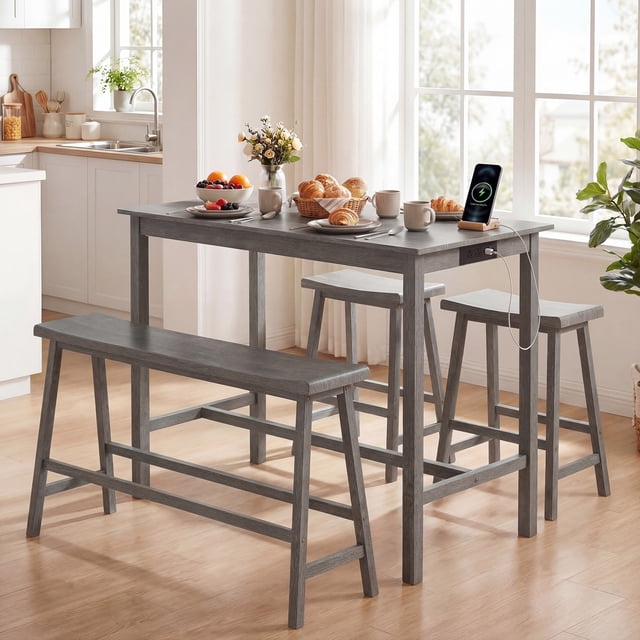 Costway 4 PCS Counter Height Dining Table Set with Power Outlet Saddle Backless Bench Stools Gray