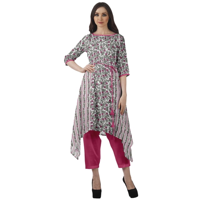 Moomaya Printed Traditional Clothing Womens Asymmetric Kurti Kurta With Pant Set