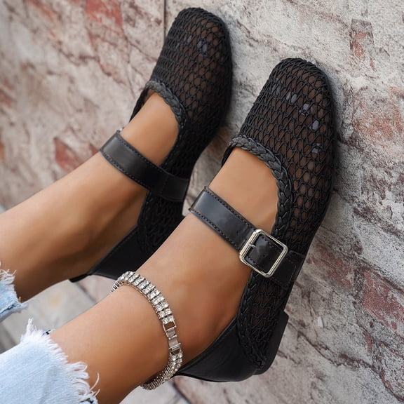 Women's Mesh Breathable Mary Jane Flats Buckle Square Toe Slip-On Summer Casual Footwear Black 36