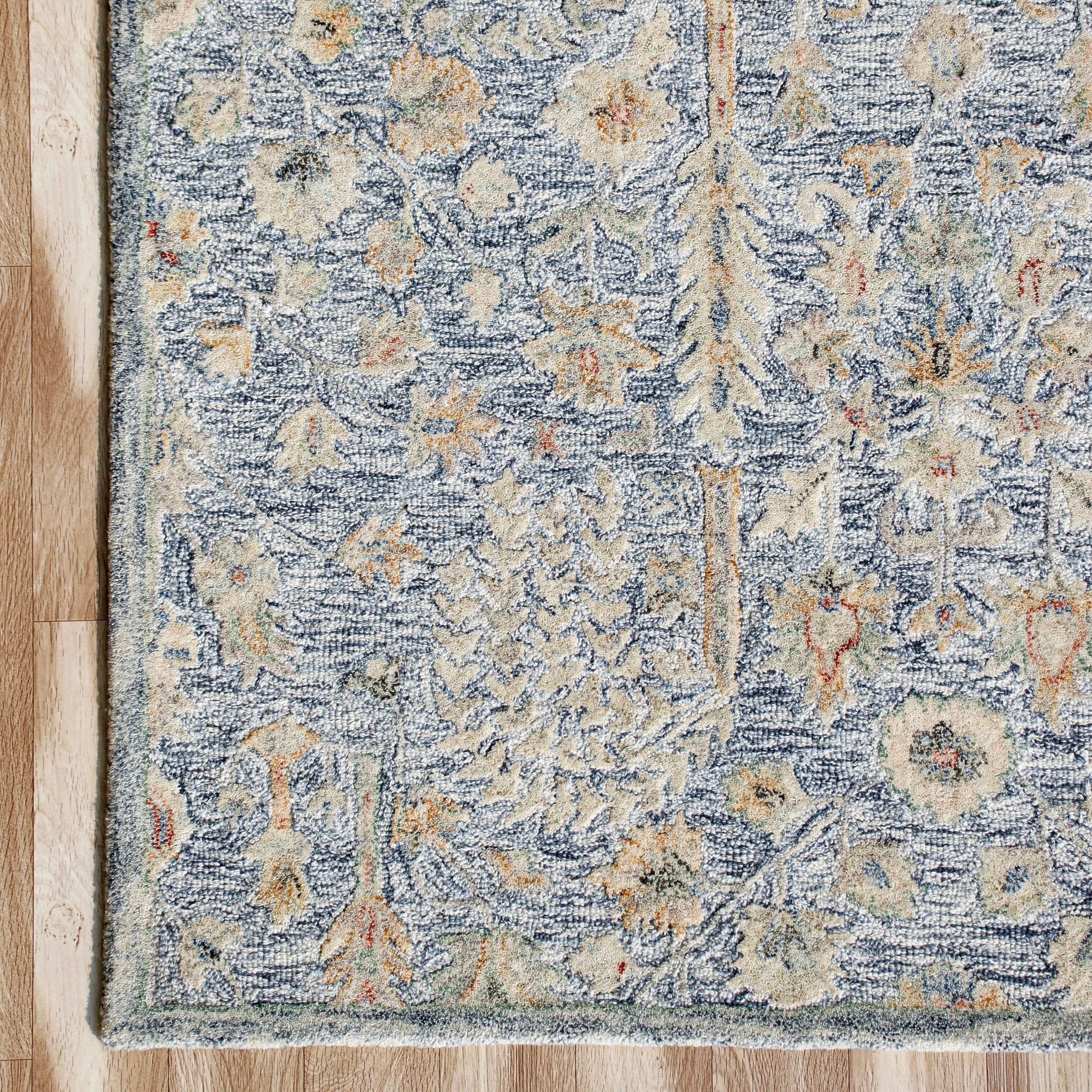 LR Home Viane Blythe Blue/Taupe Vintage Floral Wool Area Rug, 7'9" x 9'9"