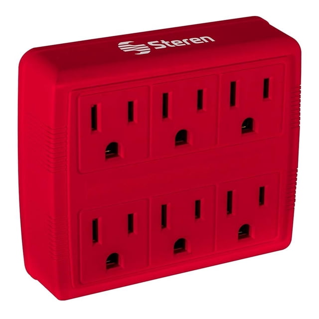 adaptador steren 6 entradas wms-1218 rojo adaptador rectangular con seis tomas aterrizadas en dos filas de tres, carcasa roja de plástico con acanalado lateral y logo Steren blanco en la parte superior; material retardante a la flama y compatible con enchufes estándar, suele usarse para alimentar varios dispositivos en taller o hogar.