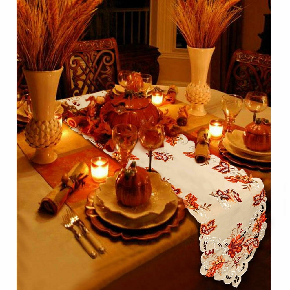 Coolmade 67 x 15 Inch Embroidered Maple Leaves Table Runner, Handmade Table Cover for Fall and Thanksgiving Party Decoration
