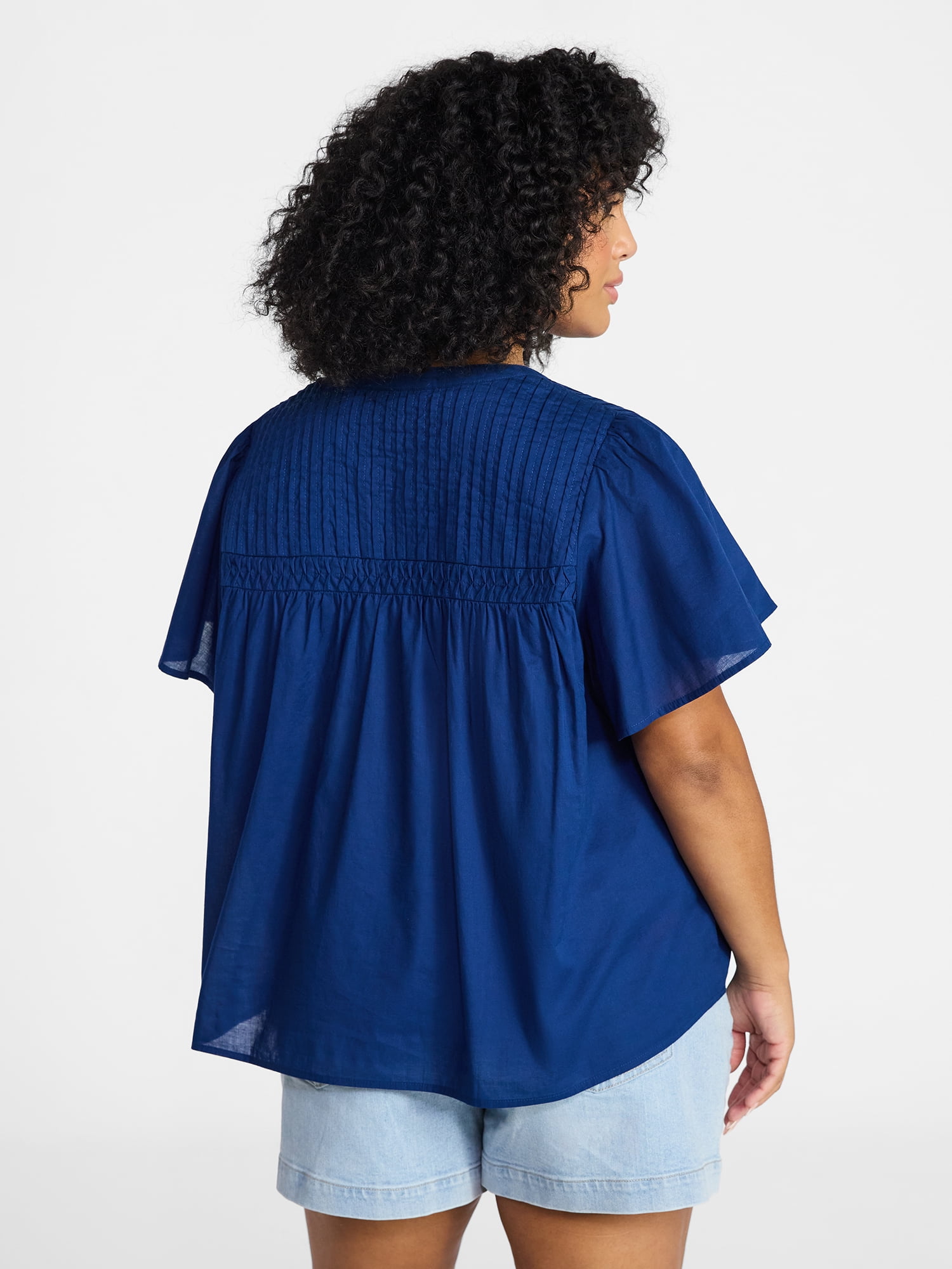 Terra & Sky Women’s Pleated Yoke Top with Short Flutter Sleeves, Sizes 0X-5X