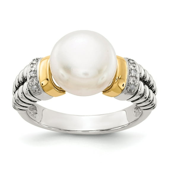 Sterling Silver w/14k Diamond & Freshwater Cultured Pearl Ring - Size 8