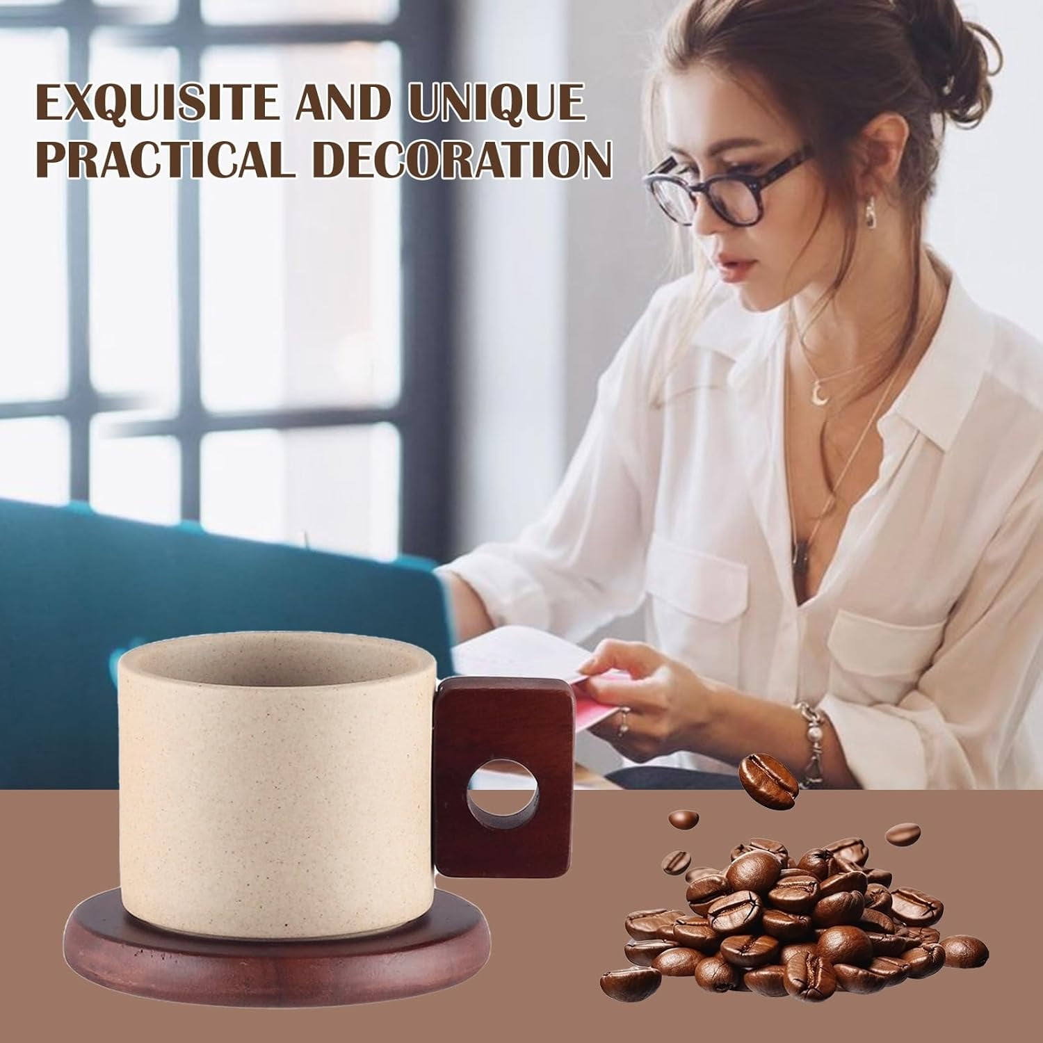 ABPETE Japanese-Style Ceramic Mug Set,8oz Unglazed Porcelain Cup with Acacia Wood Saucer & Handle for Espresso, Latte & Tea​
