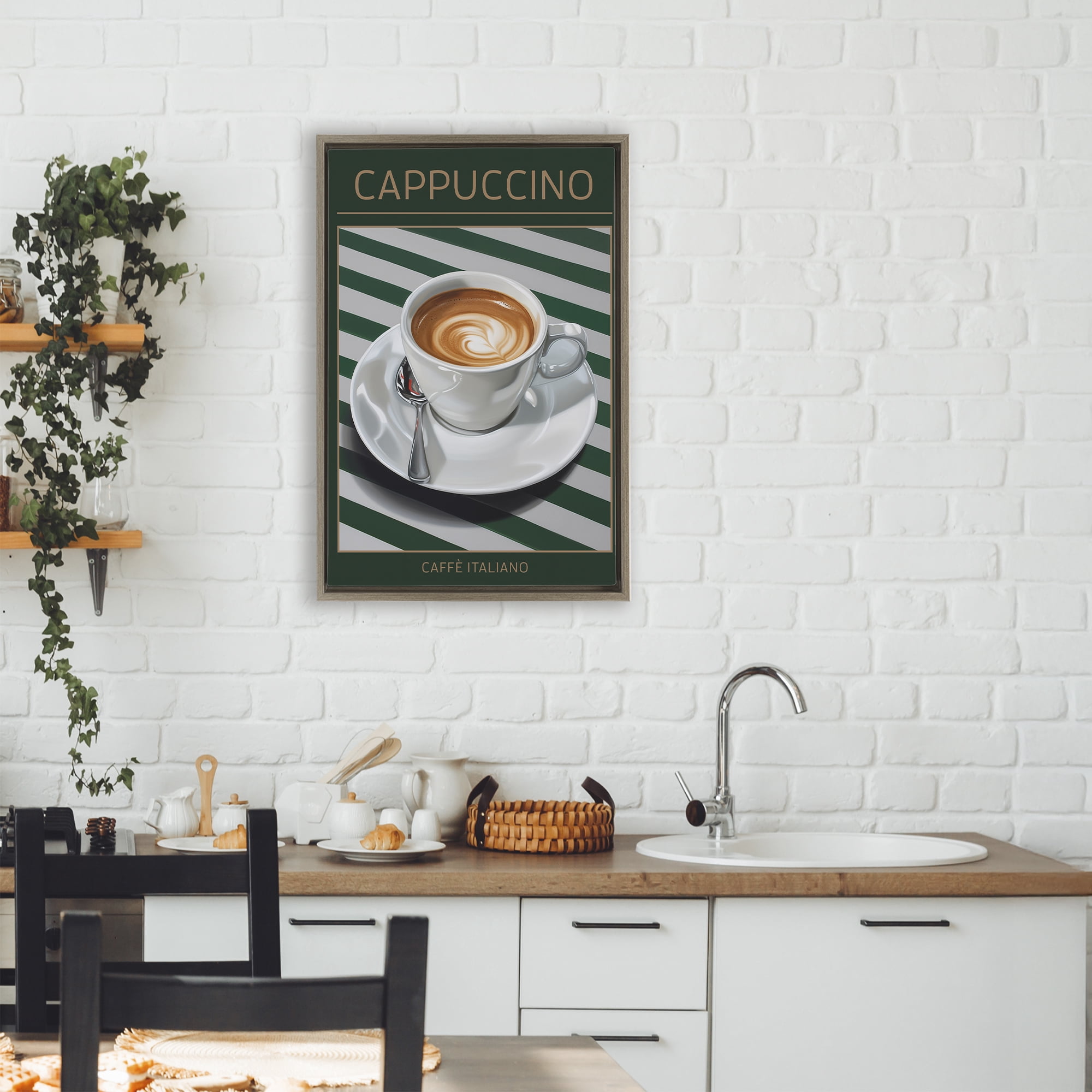 Stupell Industries Cappuccino Coffee over Stripes Brown Framed Floater Canvas Wall Art, design by Andreas Magnusson