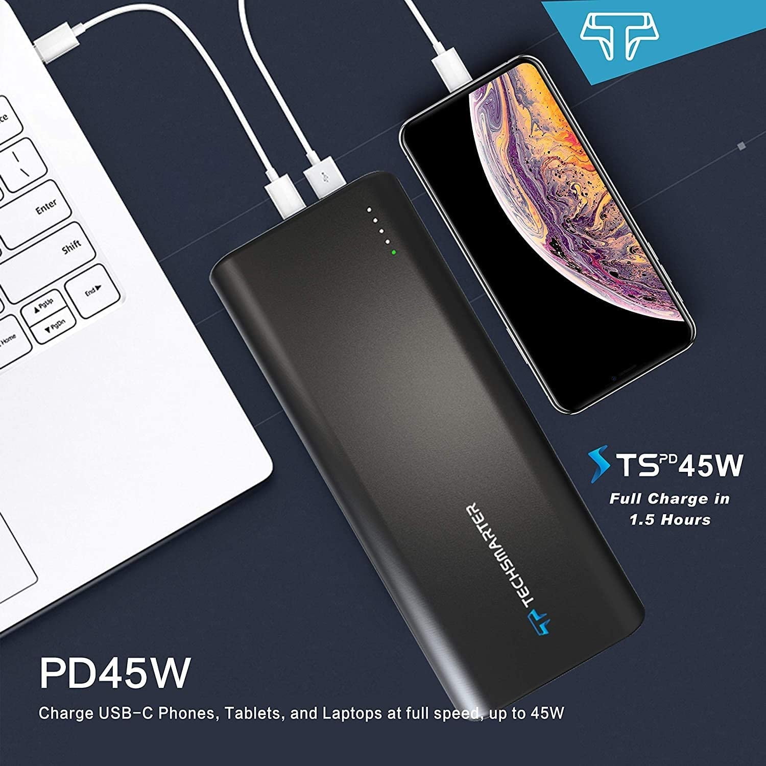 Techsmarter 30,000mAh 45W USB C PD Laptop Power Bank, Portable Charger. Compatible with MacBook, Chromebook, iPad, iPhone, Samsung Galaxy, LG, Motorola, Android