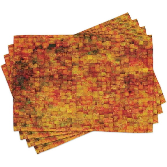 Burnt Orange Place Mats Set of 4, Vintage Mosaic Background Quadratic Little Geometric Squares Faded Print, Washable Fabric Placemats for Dining Table, Standard Size, Orange Mustard