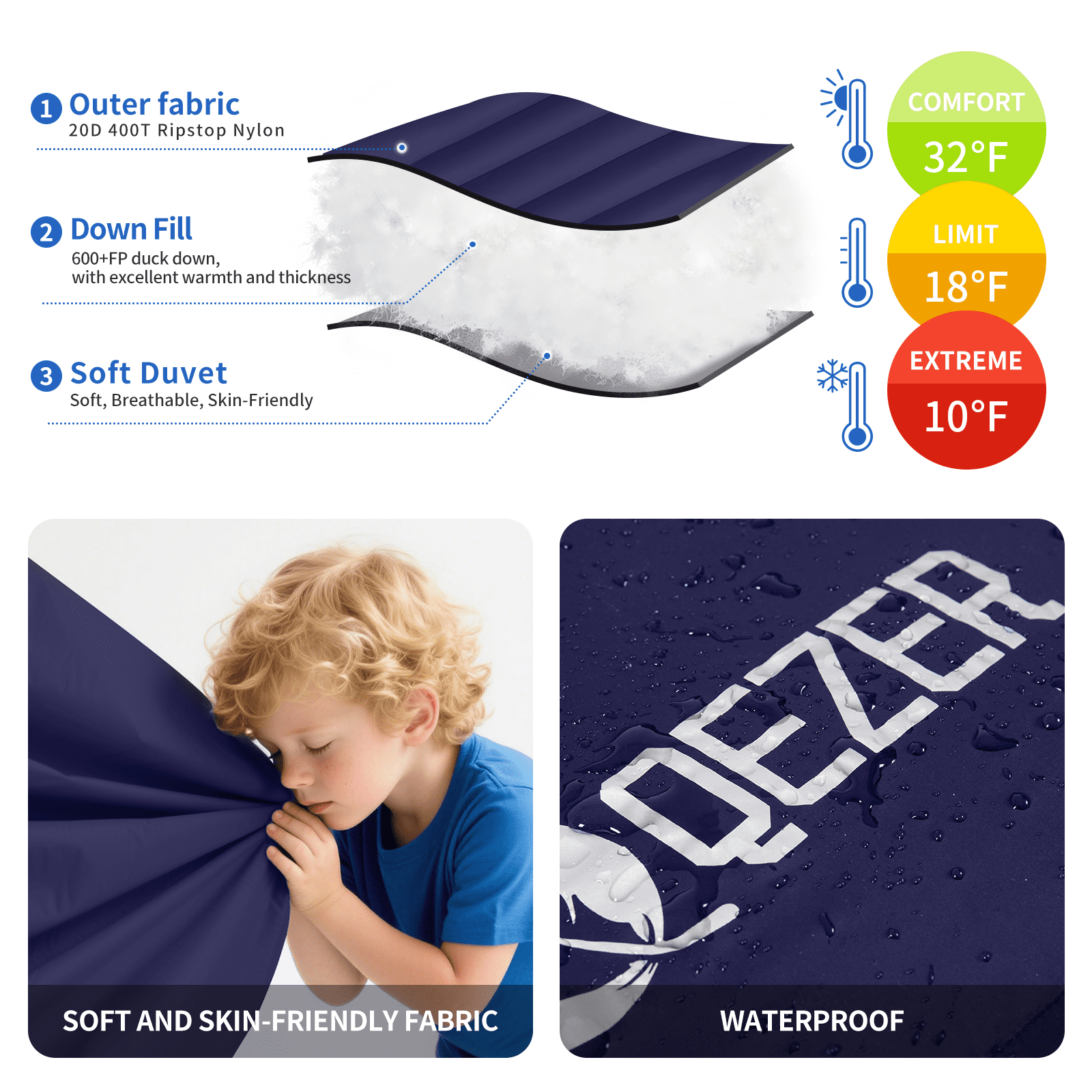 QEZER 4 Season Mummy Down Sleeping Bag Ultralight Warm for Camping, Hiking, Trekking
