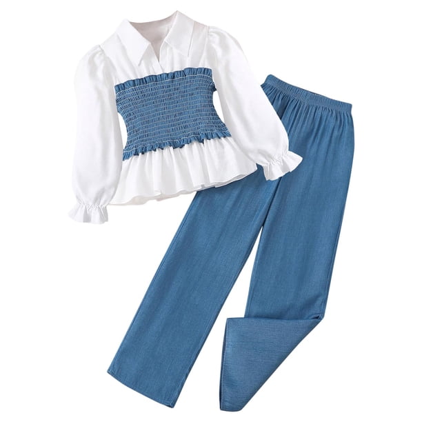 Odeerbi 6-13 Años Niñas Conjuntos Ruffle Plisado Manga Larga Camisa Pata Recta Pantalones Denim Conjunto de Dos Piezas Cuello Vuelto