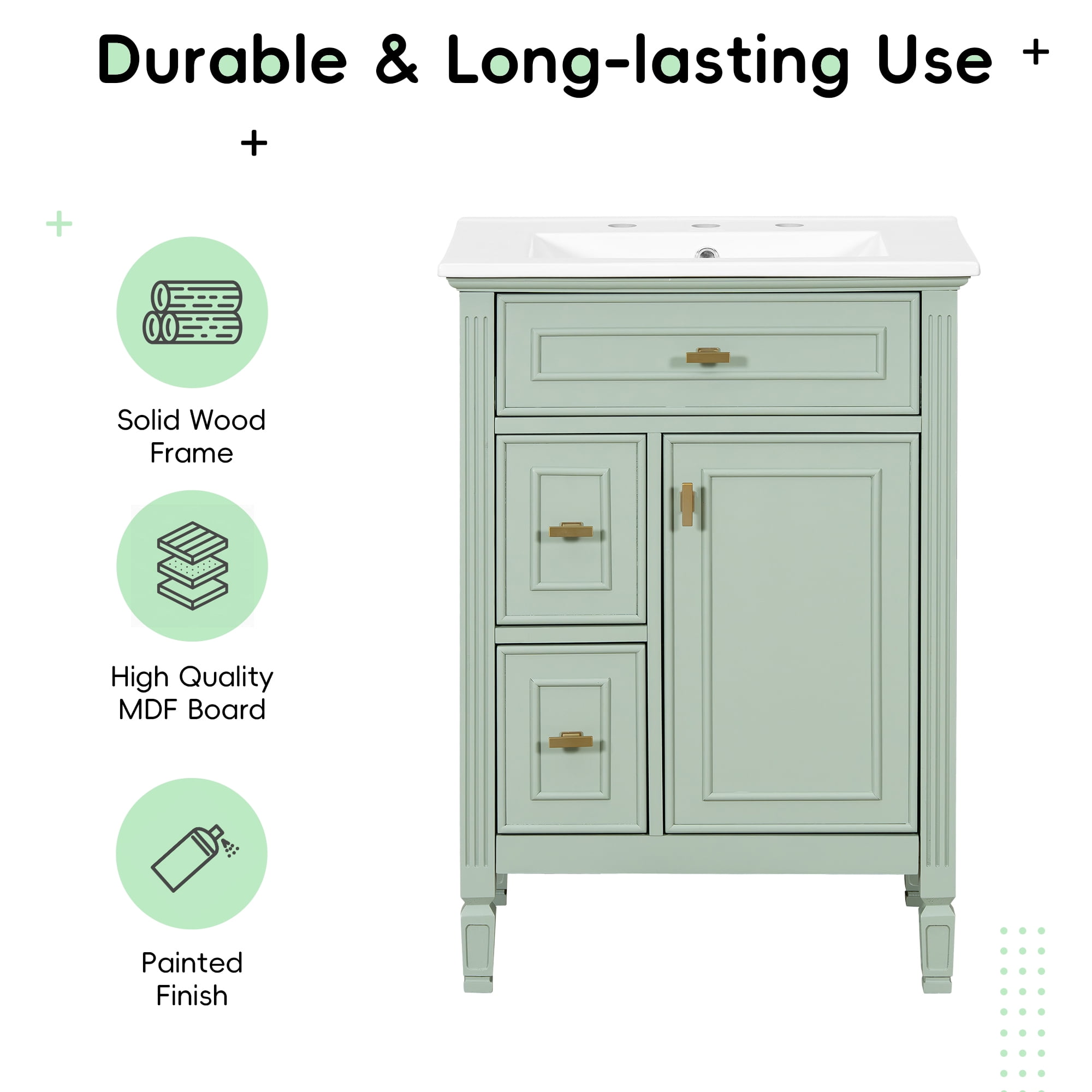 Euroco 24-Inch Bathroom Vanity with Sink, Solid Wood and MDF Cabinet with One Flip Drawer, Two Standard Drawers, and Adjustable Shelf, Freestanding Green Vanity for Bathroom Storage