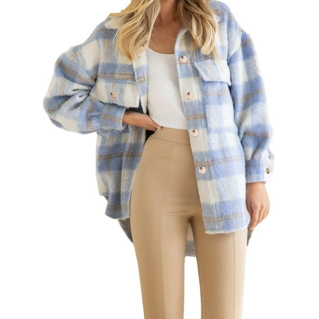 UKAP Ladies Plaid Shacket Jackets Classic Tartan Travel Outwear Light Blue M