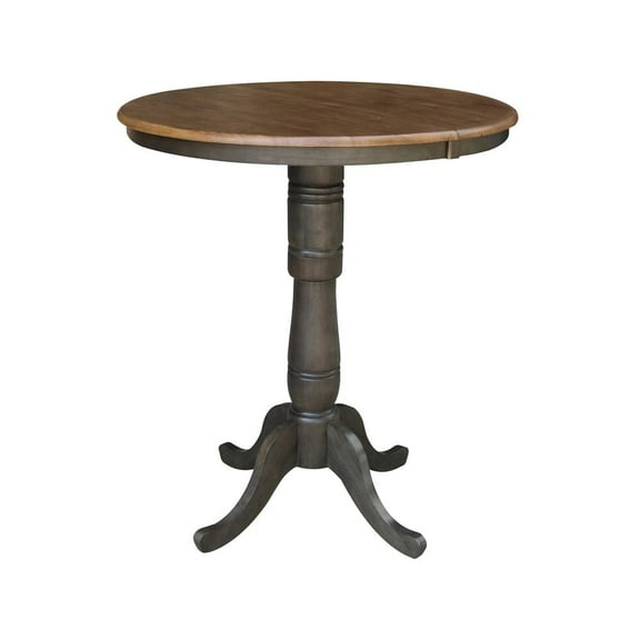 36" Round Wood Bar Height Dining Table with 12" Leaf in Hickory/Washed Coal