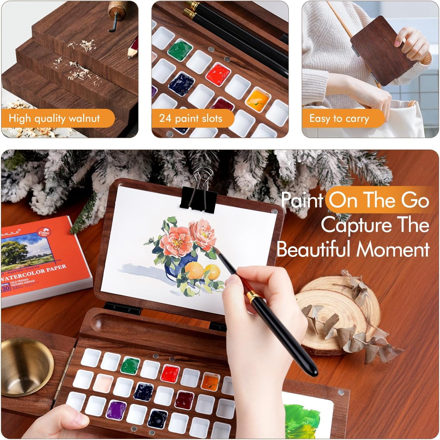 Portable Watercolor Palette, Travel Watercolor Palette 24 Grids Foldable with 2pcs Sable Travel Watercolor Brushes, Portable Walnut Wood Palette Box for Plein Air Painting