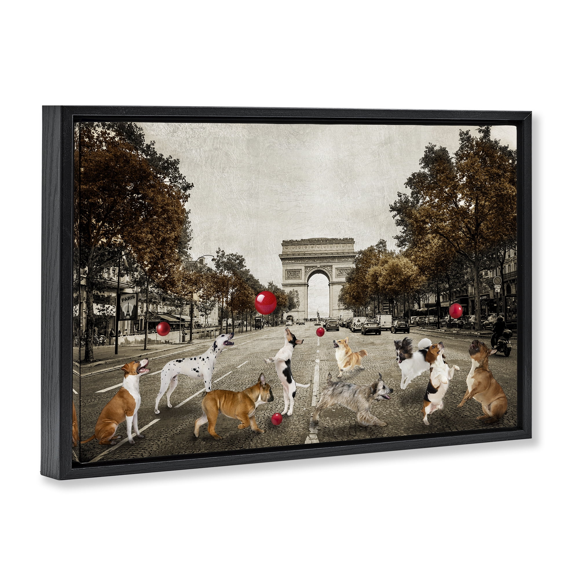 Stupell Industries Dogs Playing Among Architecture Animals & Insects Painting Black Floater Framed Canvas Art Print Wall Art, 25 x 17