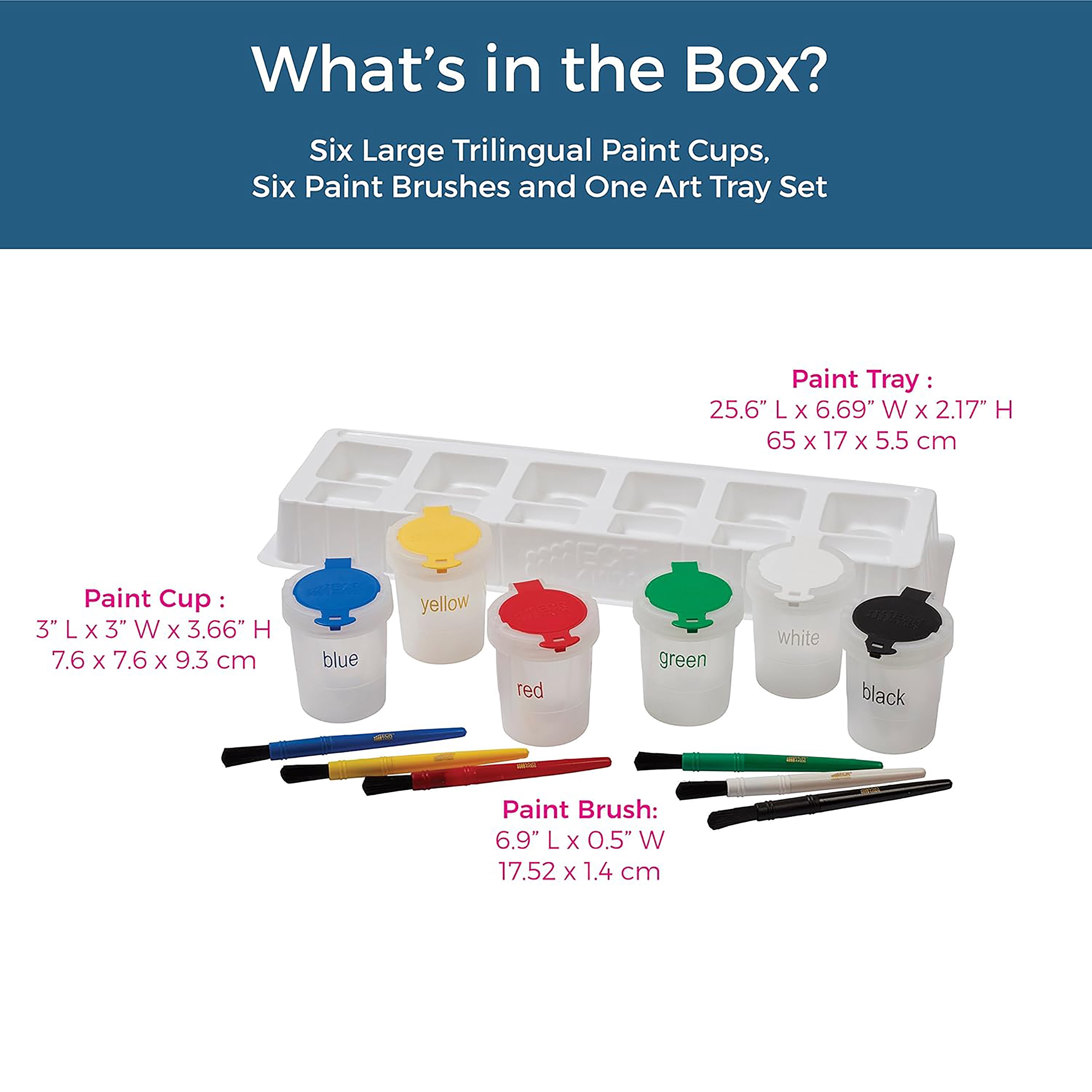 ECR4Kids Large Trilingual Paint Cups and Brushes, Art Set, Assorted, 12 Sets
