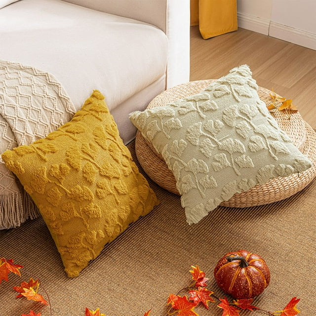 Leodye Housses de Coussin d'Automne Feuilles d'Érable Broderie Décorative Velours Décorations Maison