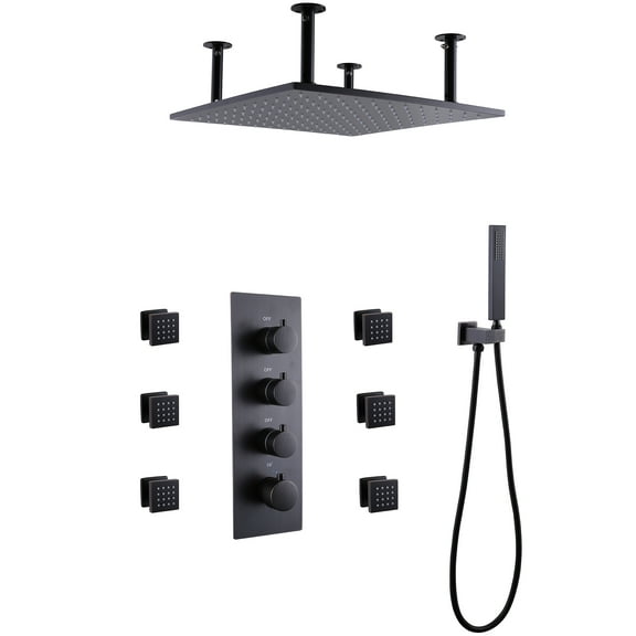 Thermostatic Ceiling Mounted 15.75x15.75 inch Rainfall Shower Head With Handheld Spray Shower Body Sprayer Jets and 6 PCS of body Jets Shower System Set Combo in ORB Finish