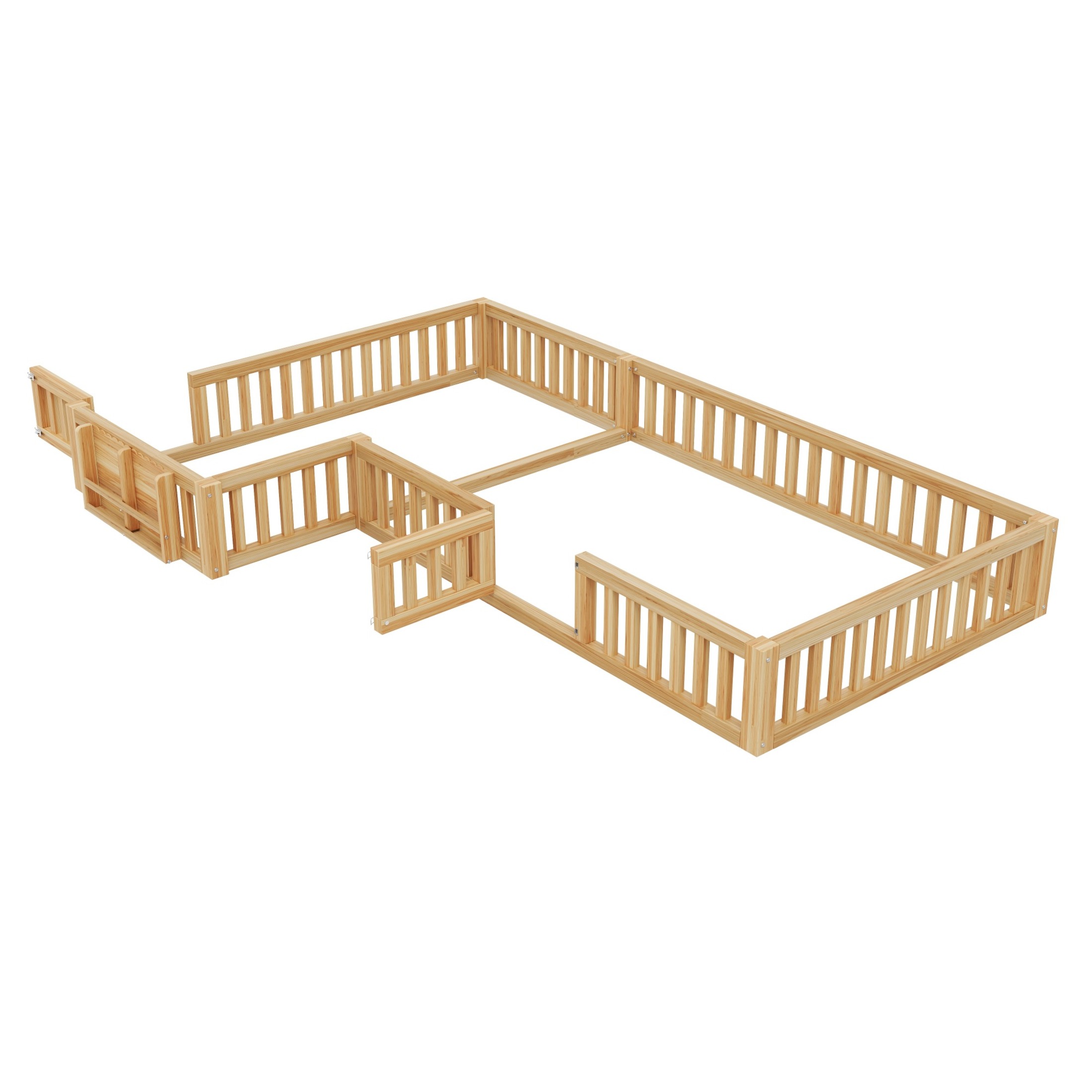 Noble House Lorven Twin & Full L-Shaped Floor Bed with Built-in Bookcase & Lockable Safety Gate, Natural