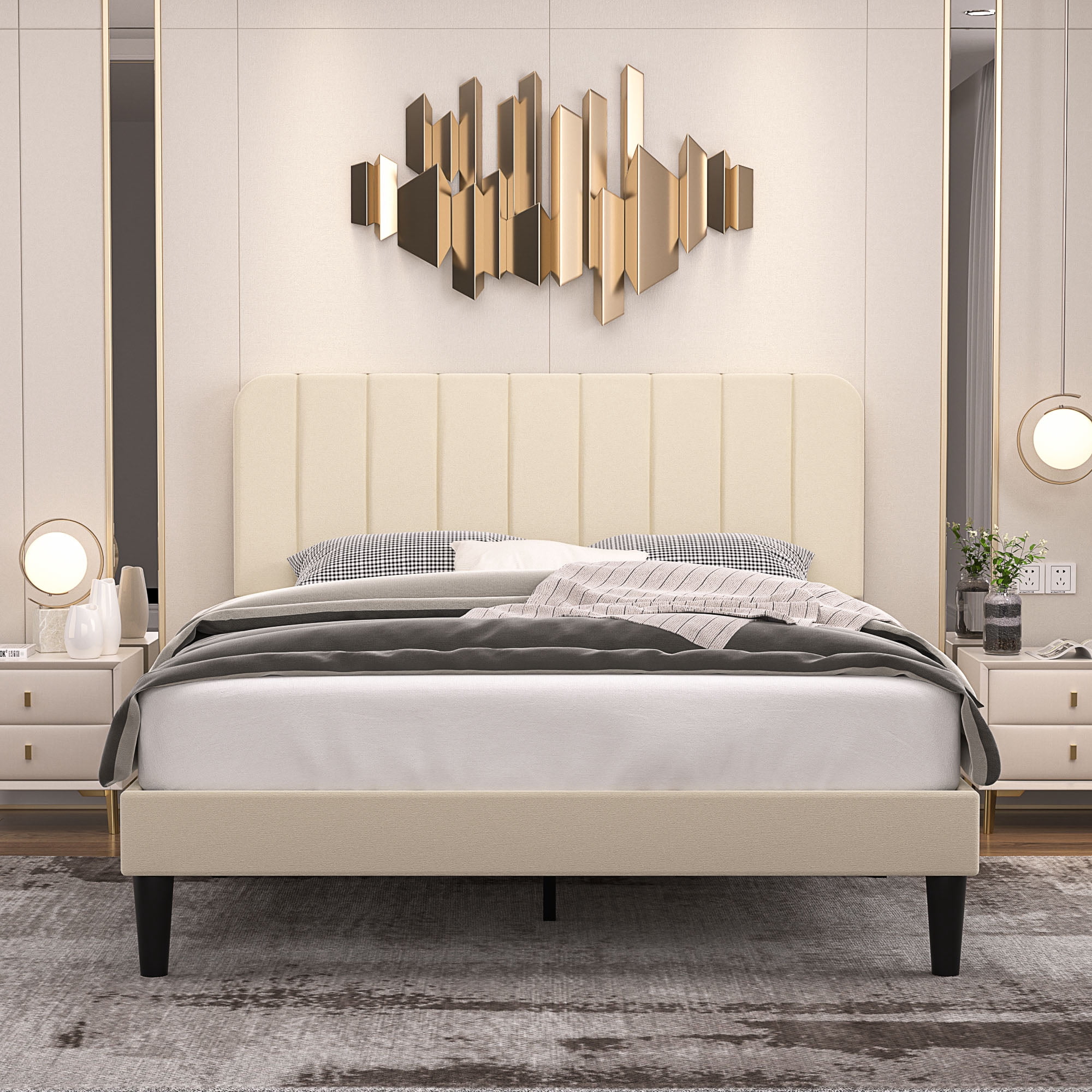 VECELO Full Size Bed Frame, Upholstered Platform Bed Frame with Adjustable Headboard, No Box Spring Needed, Easy Assembly, Beige