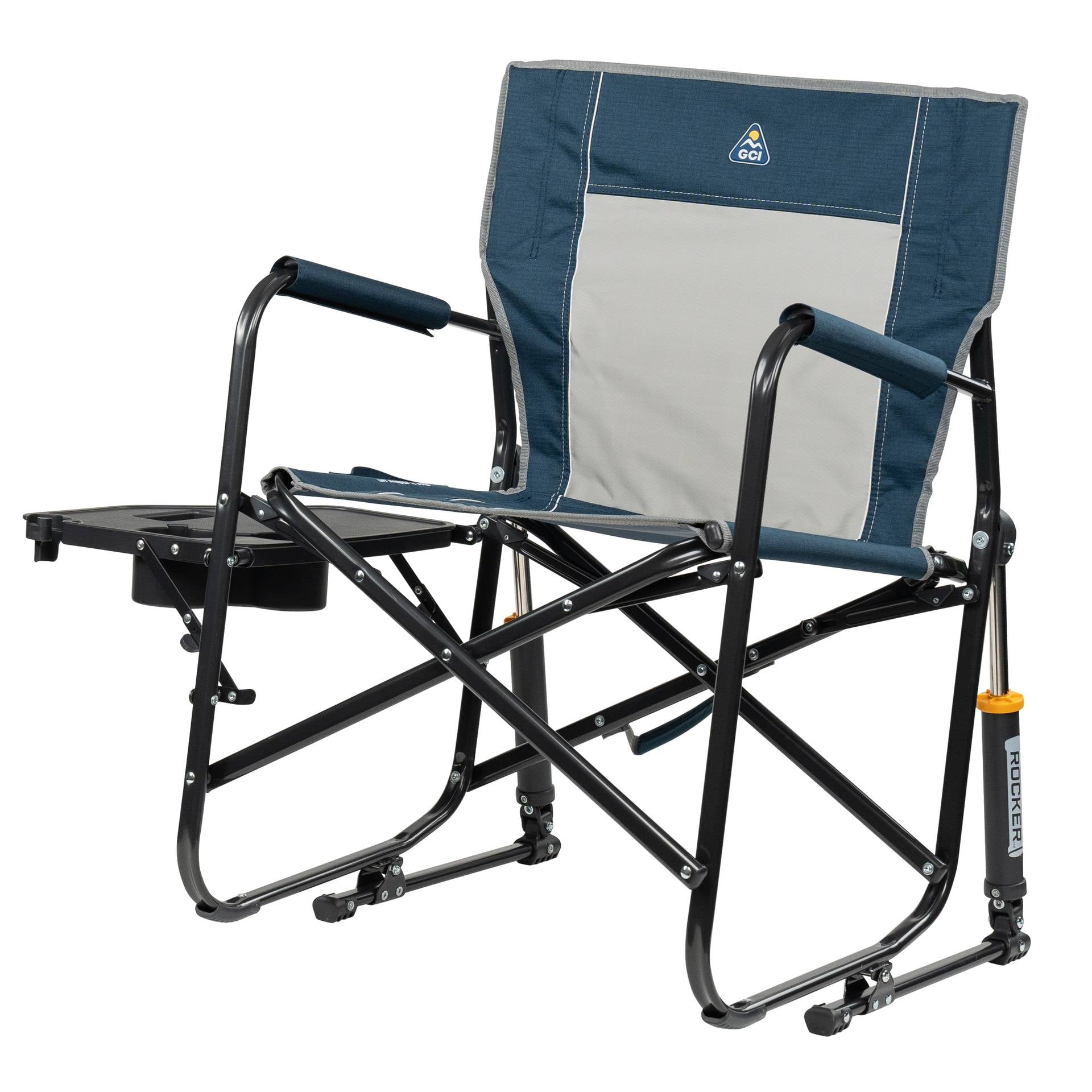 GCI Outdoor Freestyle Rocker with Side Table Foldable Rocking Camp Chair, Heathered Indigo