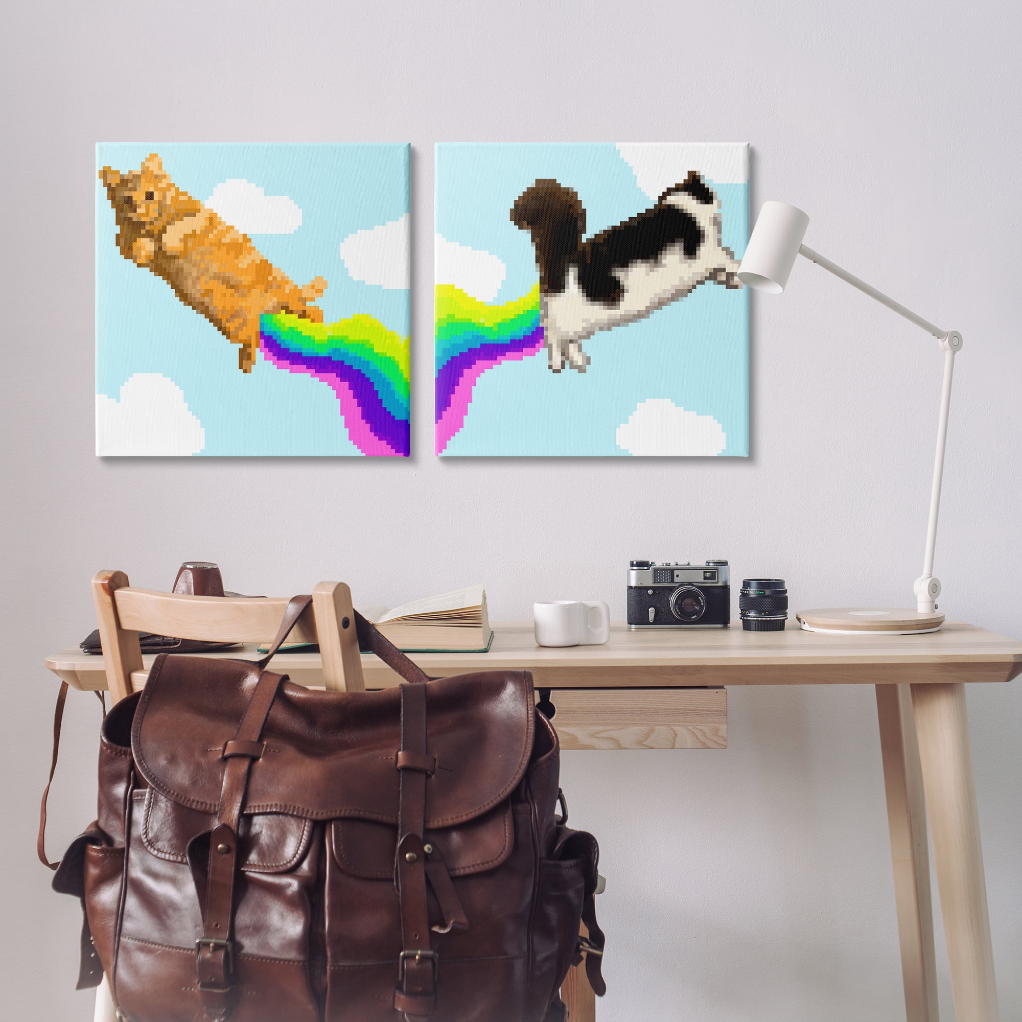 Stupell Industries Pixel Cats with Rainbows Animals Painting Wrapped Canvas Art Print Wall Art, 24 x 24, Set of 2