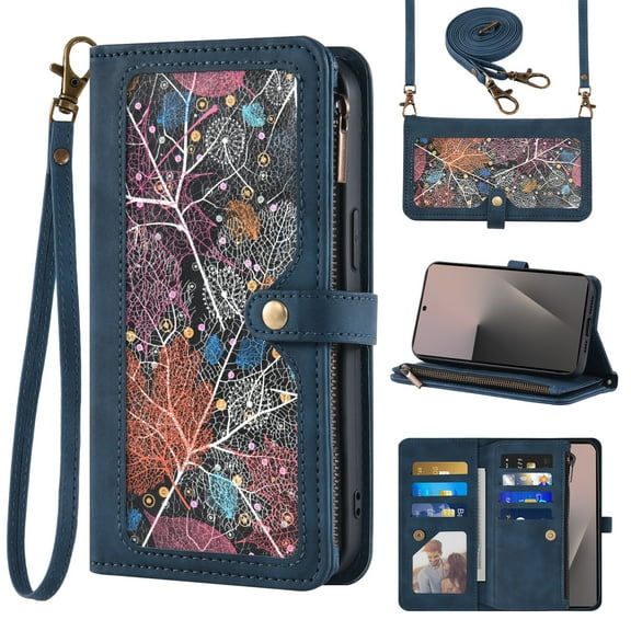 Asuwish Phone Case for Samsung Galaxy Z Fold 7 Wallet Cover Crossbody Wrist Strap Flip Pattern Zipper Credit Card Holder Stand Cell ZFold Z7 G Fold7 7Z Women Blue