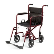 Medline Aluminum Transport Wheelchair with 8" Wheels, Swing Away Footrests & Permanent Full-Length Arms, Red