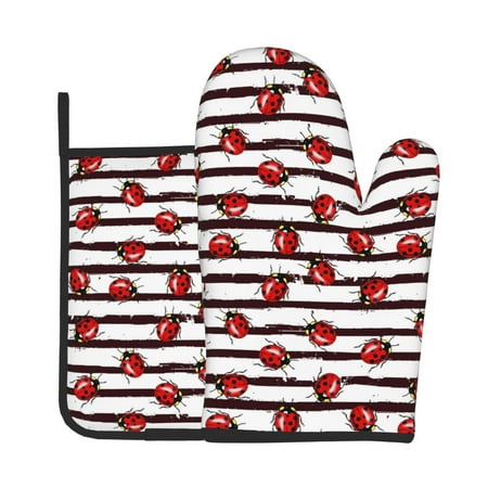 

Xecao Ladybugs on Black and White Striped1 Pattern Oven Mitts and Pot Holders Sets Heat Resistant Silicone Oven Mittens Extra Thicken Long Kitchen Cotton Oven Glove for Cooking