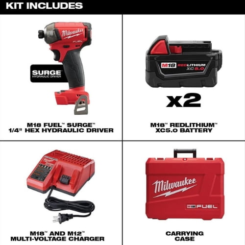 Milwaukee M18 Fuel Surge 1/4" 18V Brushless Hex Hydraulic Driver Kit 2760-22 with (2) 5Ah Batteries, Charger, & Carrying Case