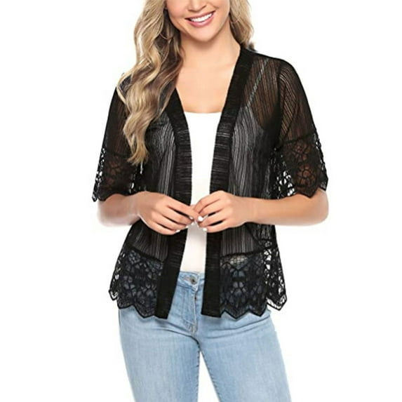 Douhoow Women Cover up Open Front Short Sleeve Lace Sheer Bolero Cardigan