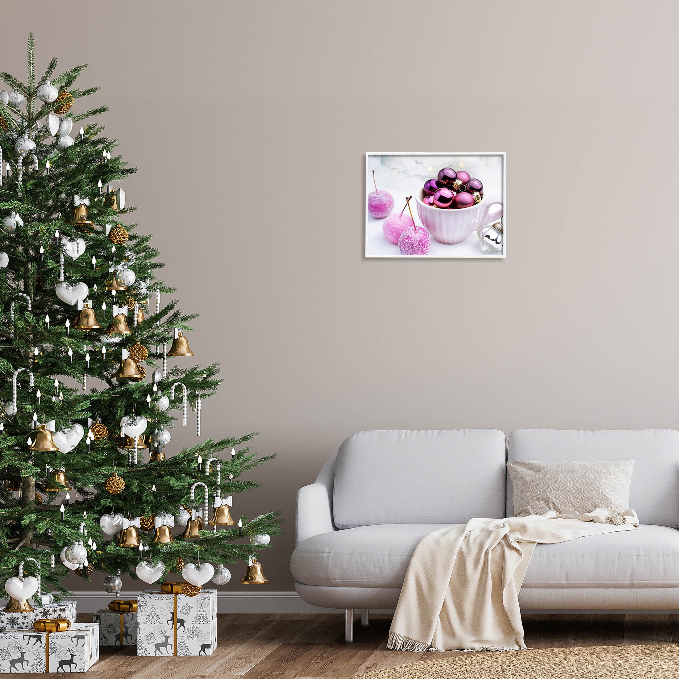 Glimmering Pink Christmas Ornaments Holiday Photograph White Framed Art Print Wall Art
