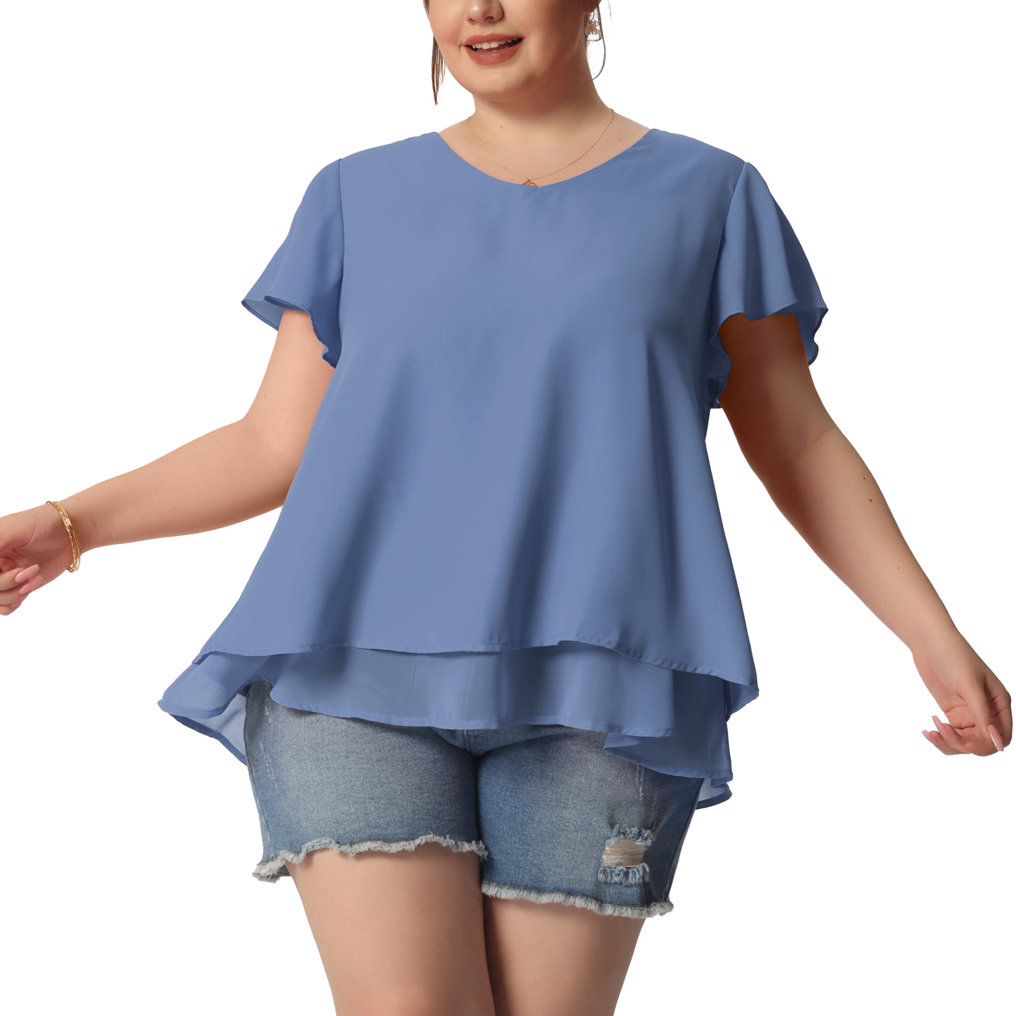 DARING DIVA Women's Plus Size Ruffle Short Sleeve V Neck Chiffon Blouse 3X Grey Blue