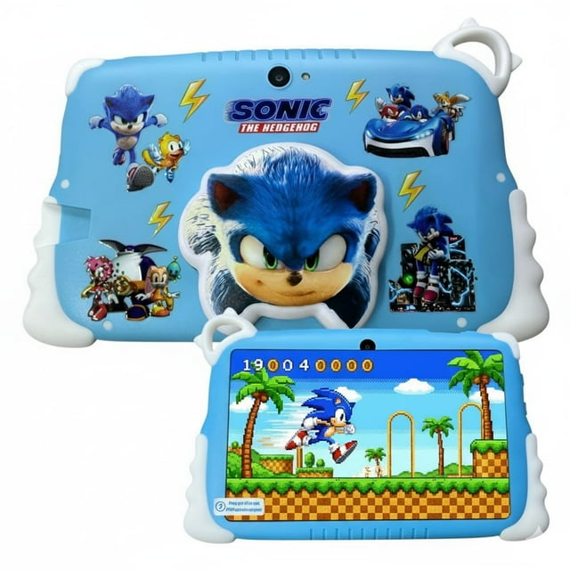 tablet kids tablet infantil sonic 7” 8gb ram + 256gb rom android 15 5000mah wifi + bluetooth cámara azul Tablet infantil azul Sonic con funda protectora blanca, vista frontal con pantalla HD de 7 pulgadas mostrando un juego de plataformas y vista trasera con ilustraciones de Sonic y doble cámara, 8GB RAM, 256GB ROM, Android 15, batería 5000mAh, WiFi y Bluetooth; también suele usarse para clases virtuales y entretenimiento en viaje.