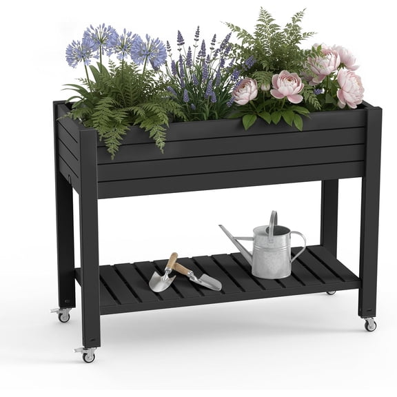 21 Gallon Raised Garden Bed with Legs and Wheels, Raised Planter Box with Drainage Plug and Gauge, Lower Shelf for Tools and Accessories, Dust-Proof Resin for Patio and Backyard(Black)