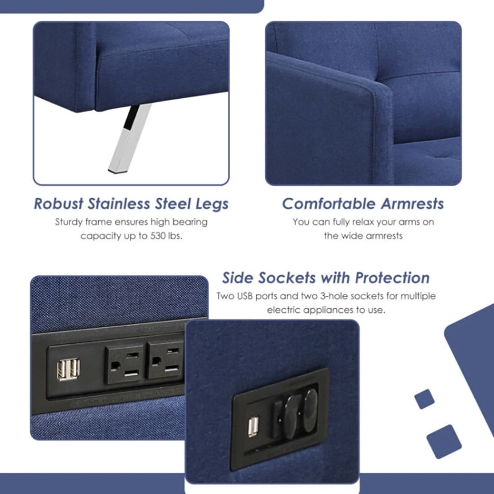 Finihen Convertible Futon Sofa Bed, Modern Convertible Sleeper Couch, 3 Seat Convertible Linen Fabric Futon Sofa with USB and Power Strip, for Living Room, Blue Finihen Convertible Futon Sofa Bed, Modern Convertible Sleeper Couch, 3 Seat Convertible Linen Fabric Futon Sofa with USB and Power Strip, for Living Room, Blue