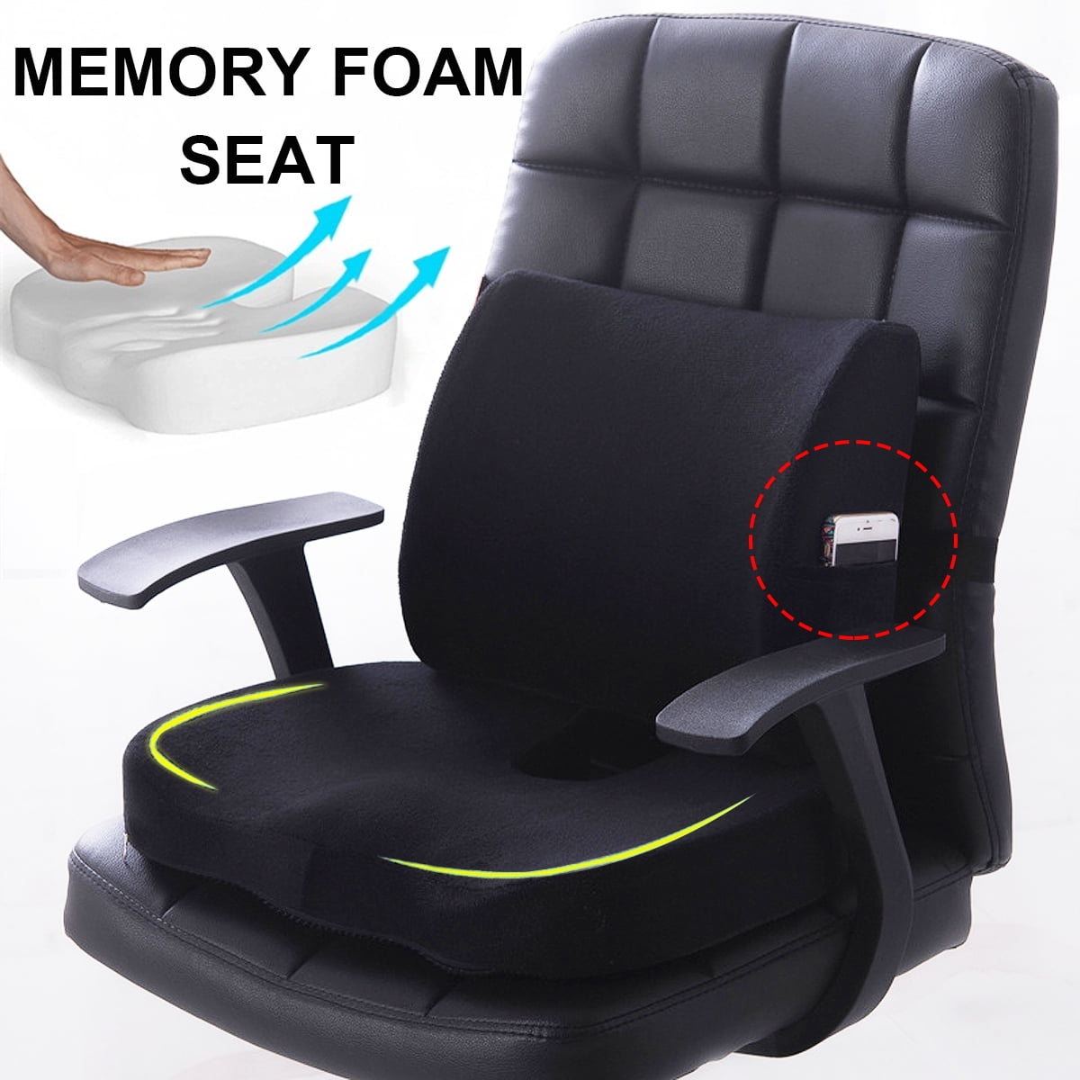 Premium Memory Foam Seat Cushion Lumbar Back Support Orthoped Home Car