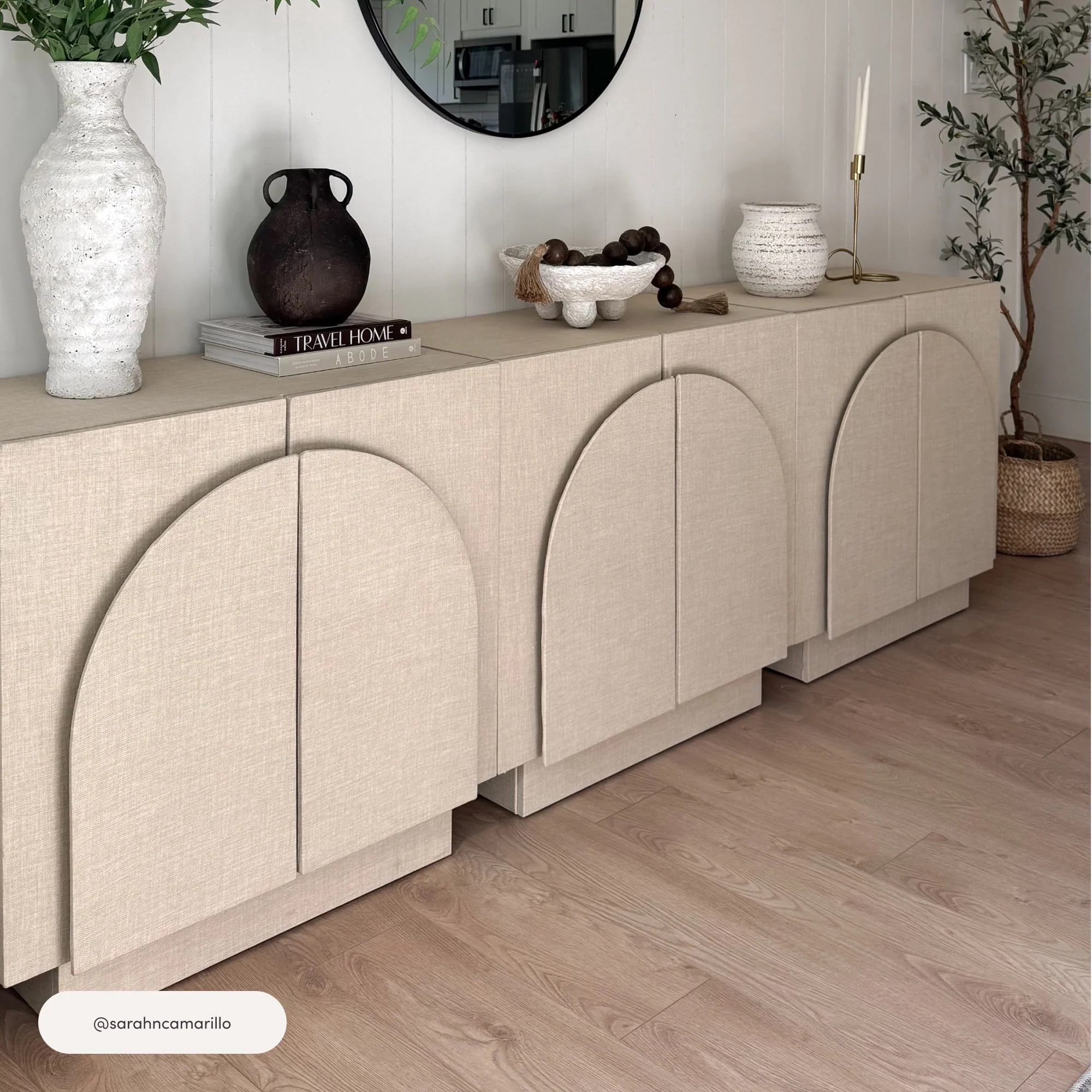 Nathan James Iris Mid Century Modern Arched Curio Cabinet with Beige Linen Finish, Wooden Storage Cabinet with Doors