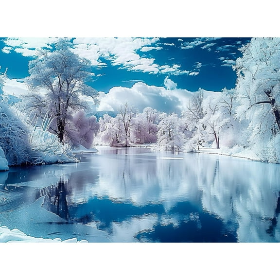 Winter Snow Trees and Lake Scenery 5D Diamond Art Painting by Number Kits for Adults DIY Paint with Round Full Drill Diamond Gems Painting Art Craft for Home Wall Decor 11.8x15.8in