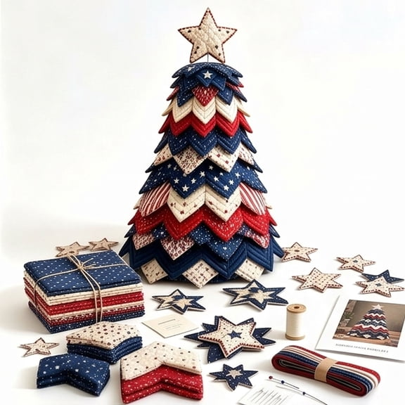 Americana Christmas Tree Quilt Kit, DIY Christmas Tree Holiday Sewing Kit, Handmade Christmas Home Decor Kit for Creative Crafters & Home Decor