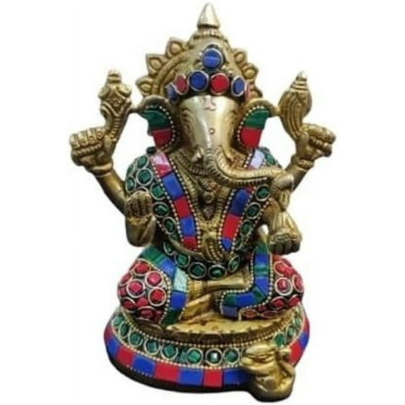 brass ganesha statue with stone work for home décor/ temple