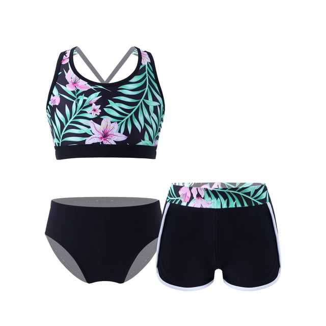 Venjoe Kids Girls 3Pcs Tankini Swimsuit Set Cross Crop Tops with Shorts and Briefs Beach Pool Rashguard Swimsuit Black 16