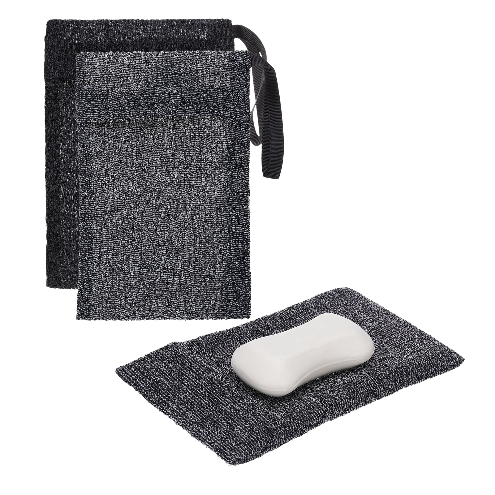 Uxcell Loofah Soap Pouch, 2 Pcs Bar Soap Saver Bag with Black Handle Nylon Body Scrubber Pouch Exfoliating Net for Body Shower Foaming Travel Camping, Grey/Black