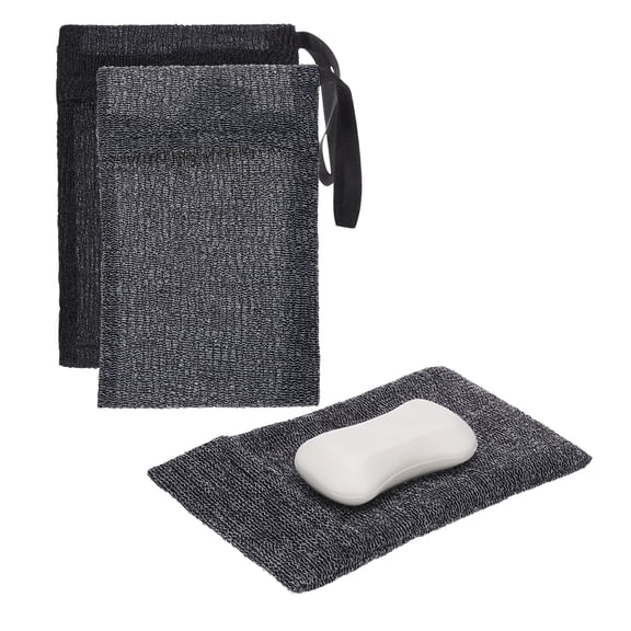 Uxcell Loofah Soap Pouch, 2 Pcs Bar Soap Saver Bag with Black Handle Nylon Body Scrubber Pouch Exfoliating Net for Body Shower Foaming Travel Camping, Grey/Black
