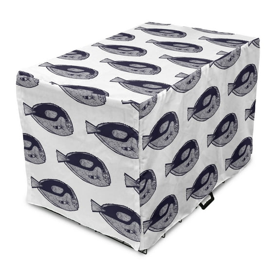 Underwater Dog Crate Cover, Monochrome Surgeonfish Pattern in Hand Drawn Tropical Fish Dotted Fins Ocean, Easy to Use Pet Kennel Cover Small Dogs Puppies Kittens, 7 Sizes, Indigo White, by Ambesonne