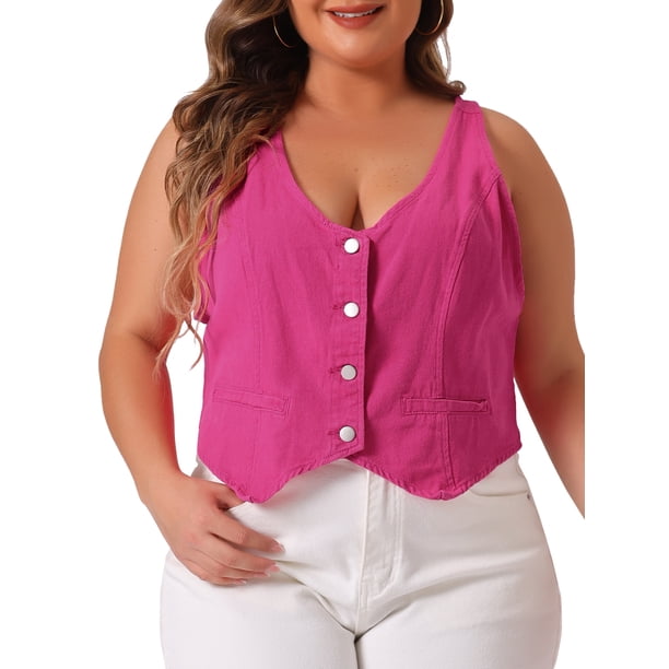 Chalecos de mezclilla para mujeres de tallas grandes Agnes Orinda, tops sin mangas, chaqueta casual de botón, 3X rosa intenso